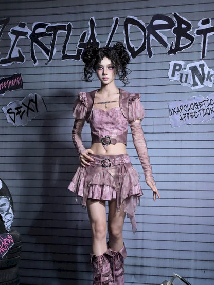 Puff Sleeve Heart-Print Strapless Two-Piece Top【s0000014027】