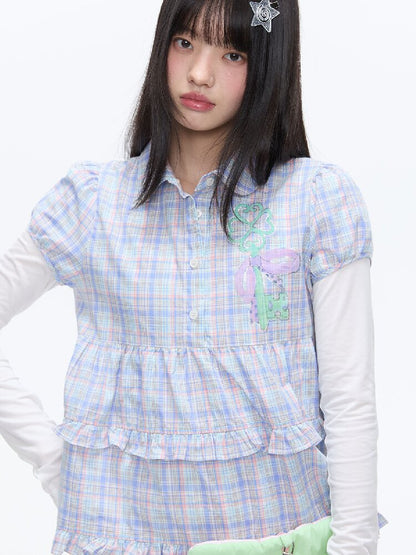 Purple Plaid Lace Short Sleeve Shirt【s0000016405】