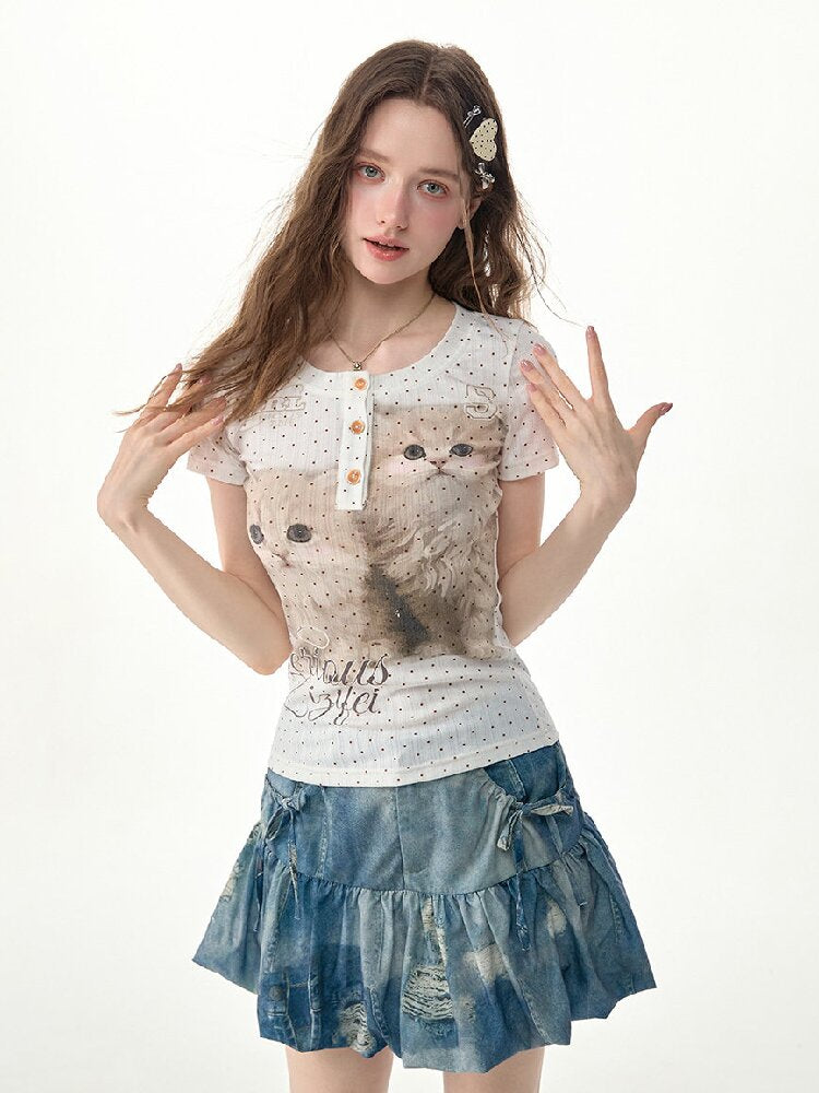 Cat Print Bodysuit Henry T Shirt【s0000017307】