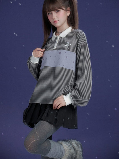 Purple Striped Loose Polo Shirt【s0000015470】