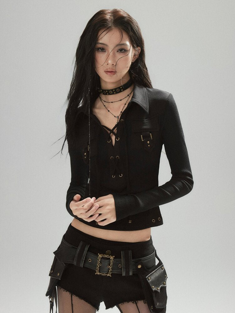 Black Tie Rope Lapel T-Shirt【s0000015600】