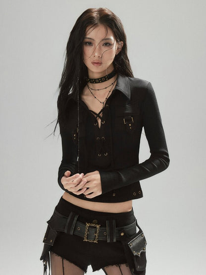 Black Tie Rope Lapel T-Shirt【s0000015600】
