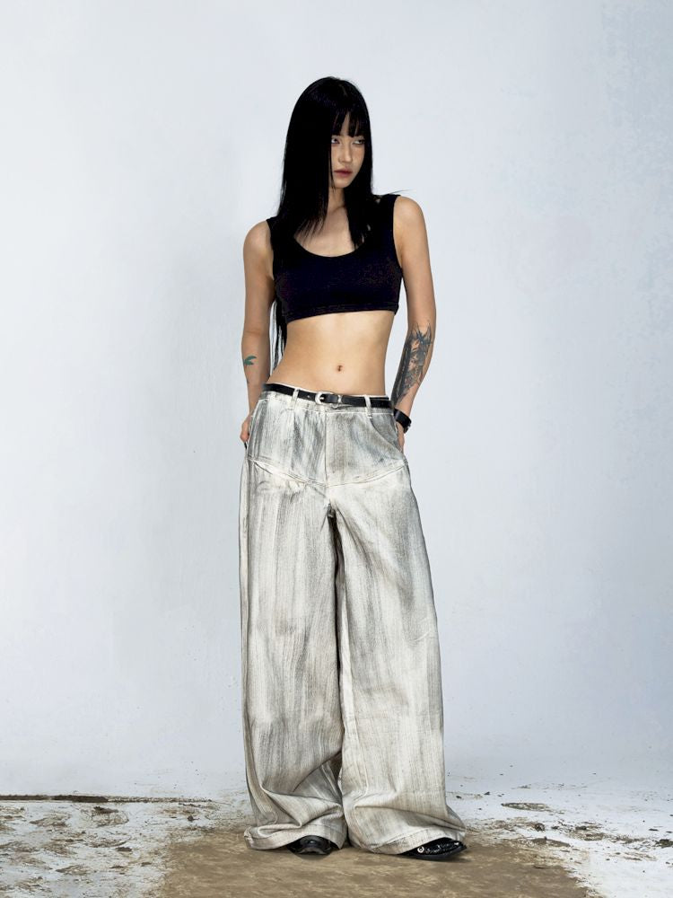 Stained Brushed Colored Wide Leg Jeans [S0000008489]