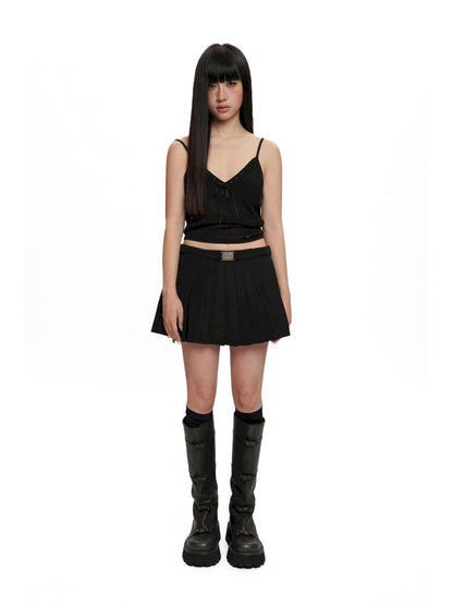 Square Buckle Adjustable Tie Bow Pleated Skirt【s0000012533】