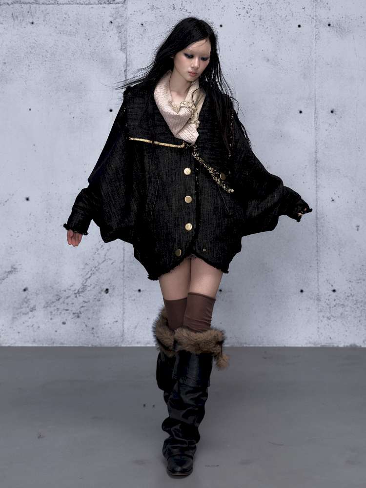 Punk Plaid Denim Bat Woolen Coat【s0000014929】