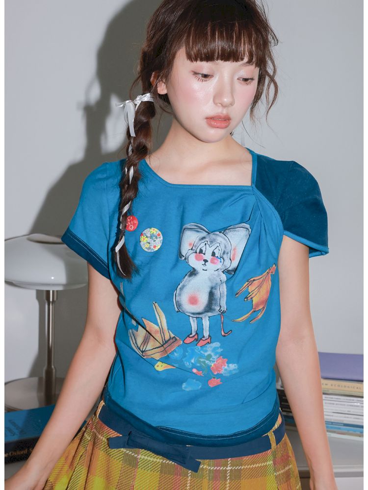 Blue Mouse Knot Design T-Shirt【s0000013923】