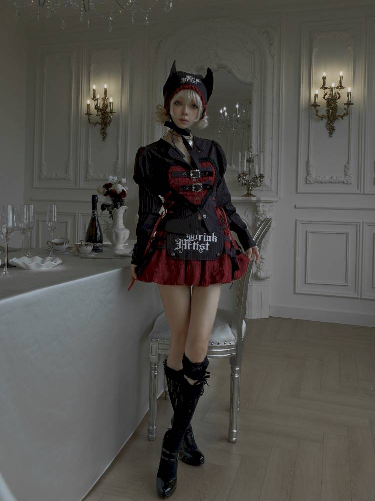 Lace-Up Striped Puff-Sleeve Lantern Skirt Shirt【s0000014435】