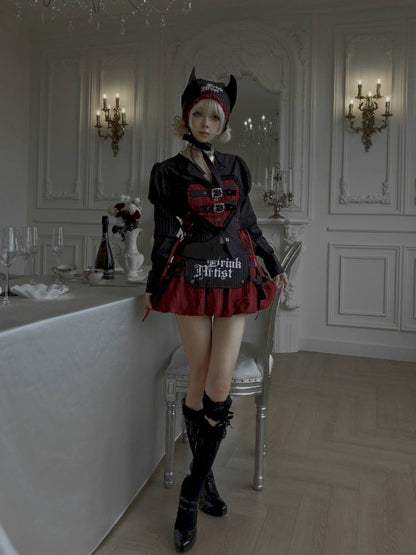 Lace-Up Striped Puff-Sleeve Lantern Skirt Shirt【s0000014435】