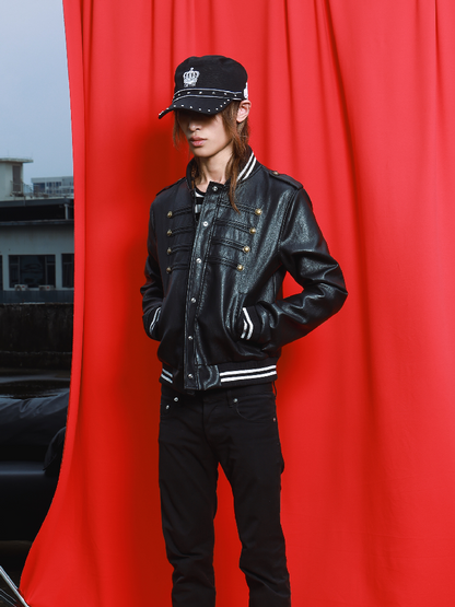 Dark Print Cropped Double Breasted Faux Leather Jacket【s0000019105】