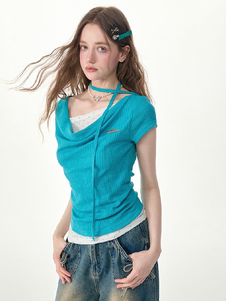 Blue Ripples Patchwork Short T Shirt【s0000017268】