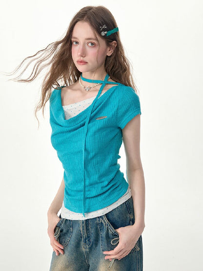 Blue Ripples Patchwork Short T Shirt【s0000017268】