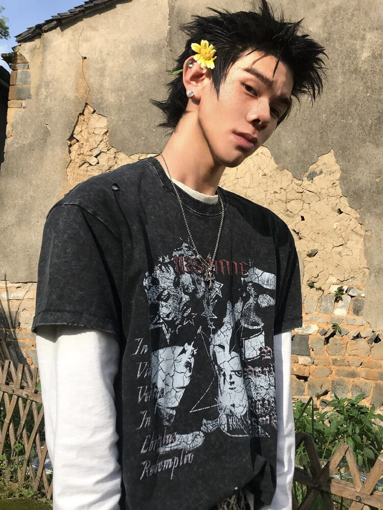 Washed Destruction Single Stitch Cotton Tee【s0000016955】