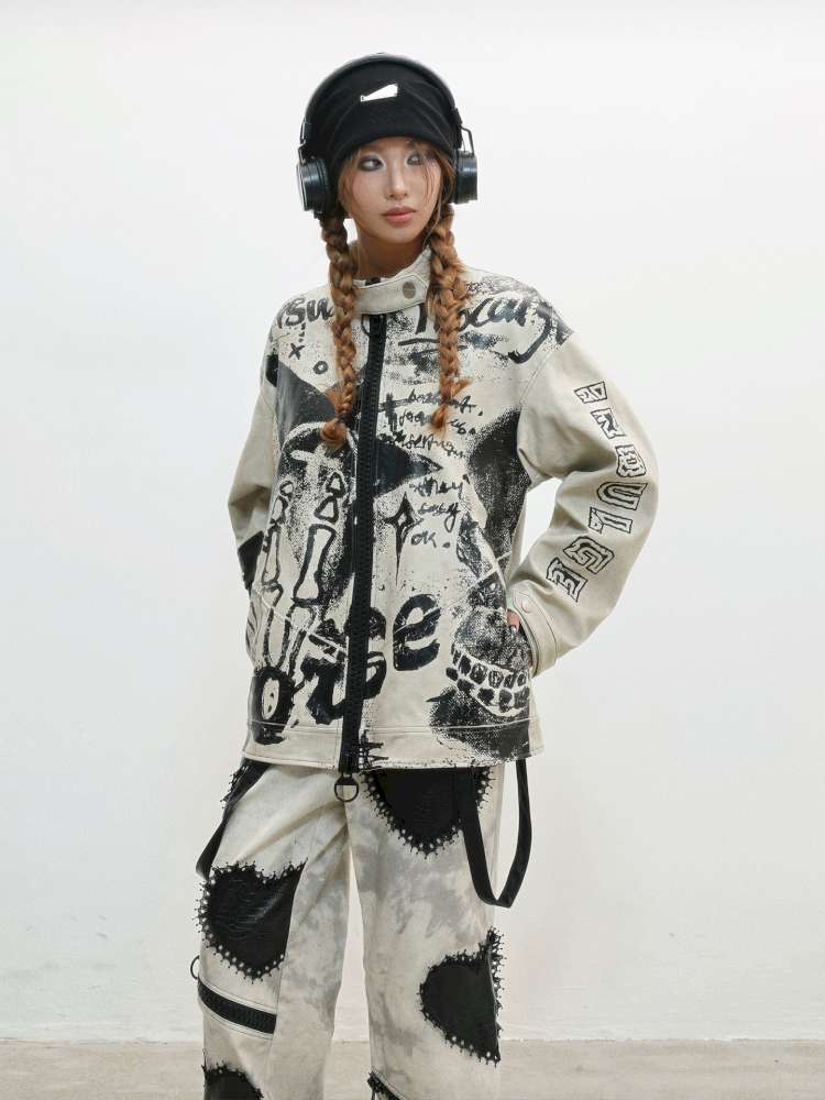 Old Printed Motorcycle Punk Thick Leather Jacket【s0000014829】