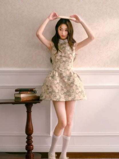 Rose Oil Painting Shirt Collar Sleeveless Dress【s0000014340】