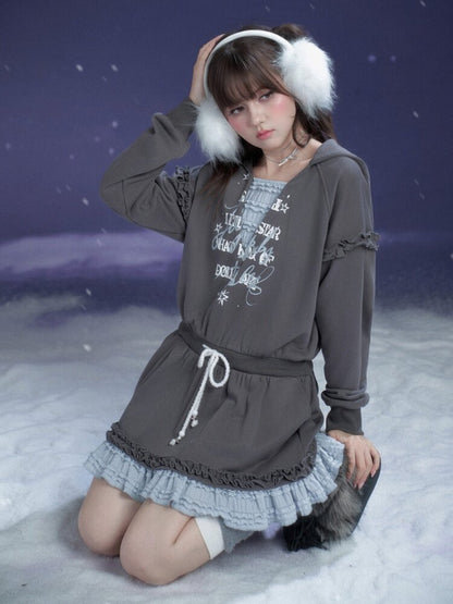 Gray Blue Print Lace Hoodie Dress【s0000015471】