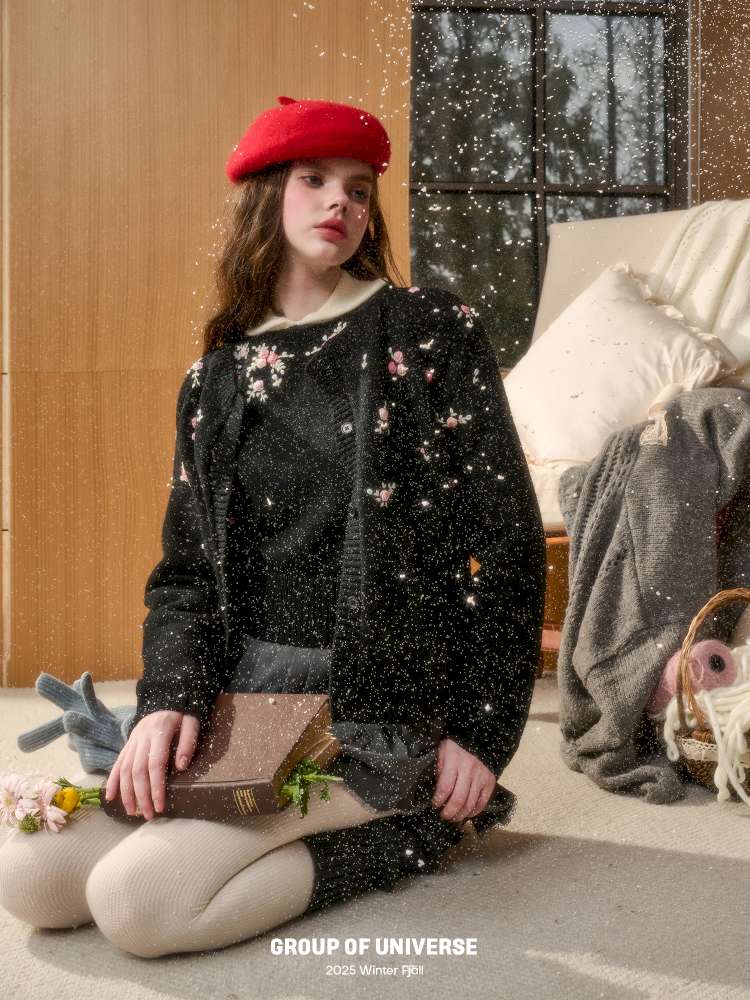 Wool Hand-Embroidered Flower Sweater Cardigan【s0000014891】