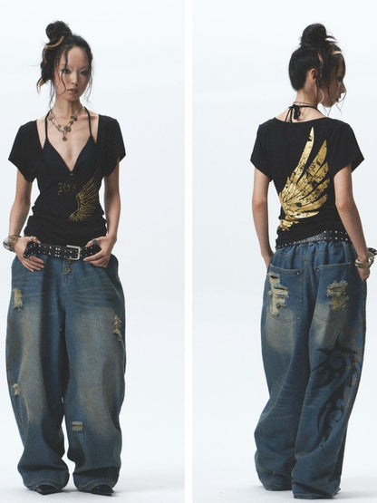 Distressed loose cuffed jeans【s0000012685】