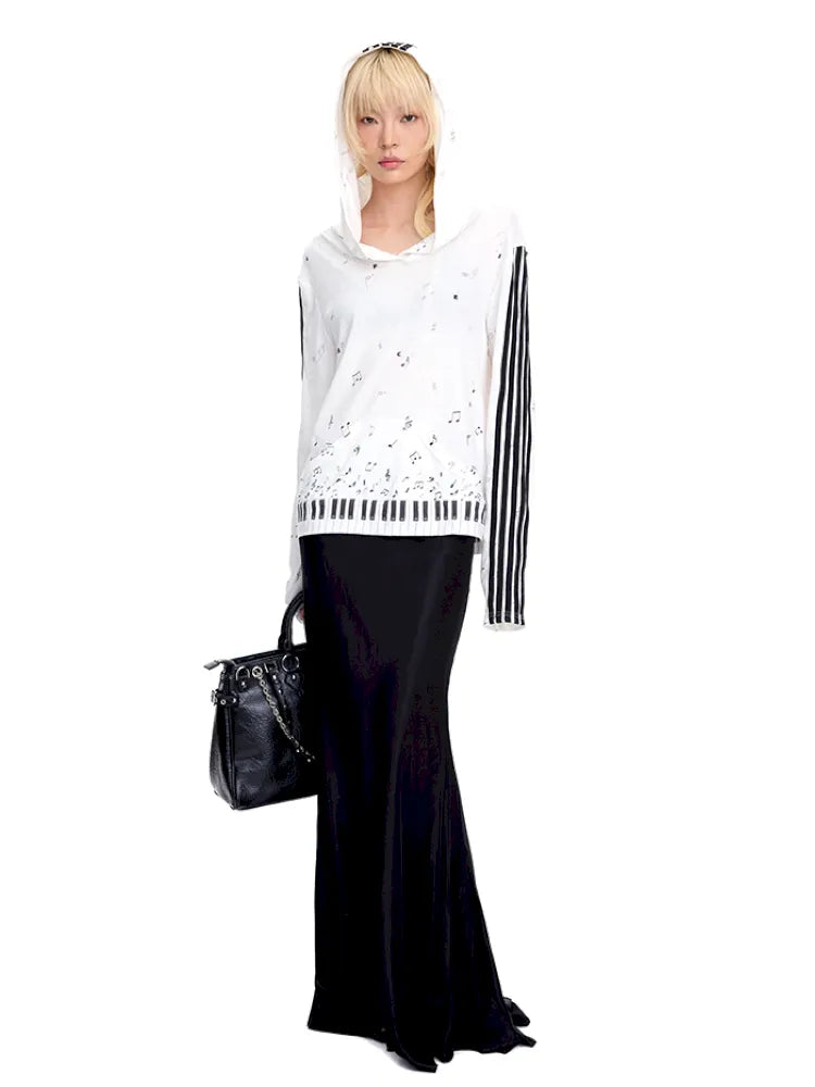 Piano Note Print Pullover Long-Sleeve Sweatshirt【s0000014100】