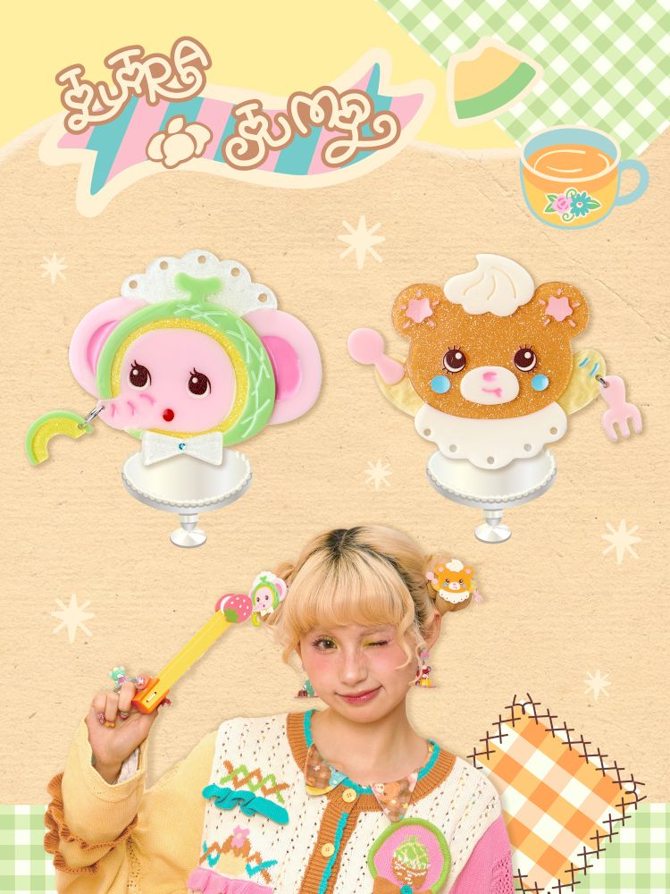 Elephant & Cream Bear Acrylic Patchwork Hair Clips【s0000013706】