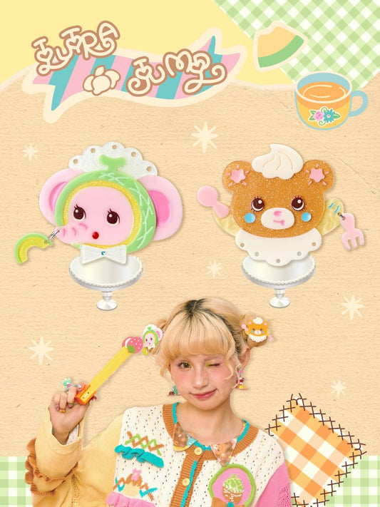 Elephant & Cream Bear Acrylic Patchwork Hair Clips【s0000013706】