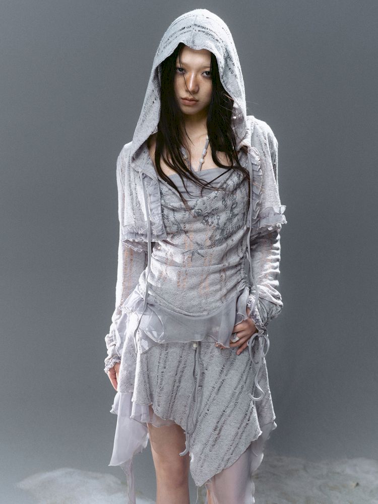 Ruffle Misty Blue Hooded Tunic【s0000012642】