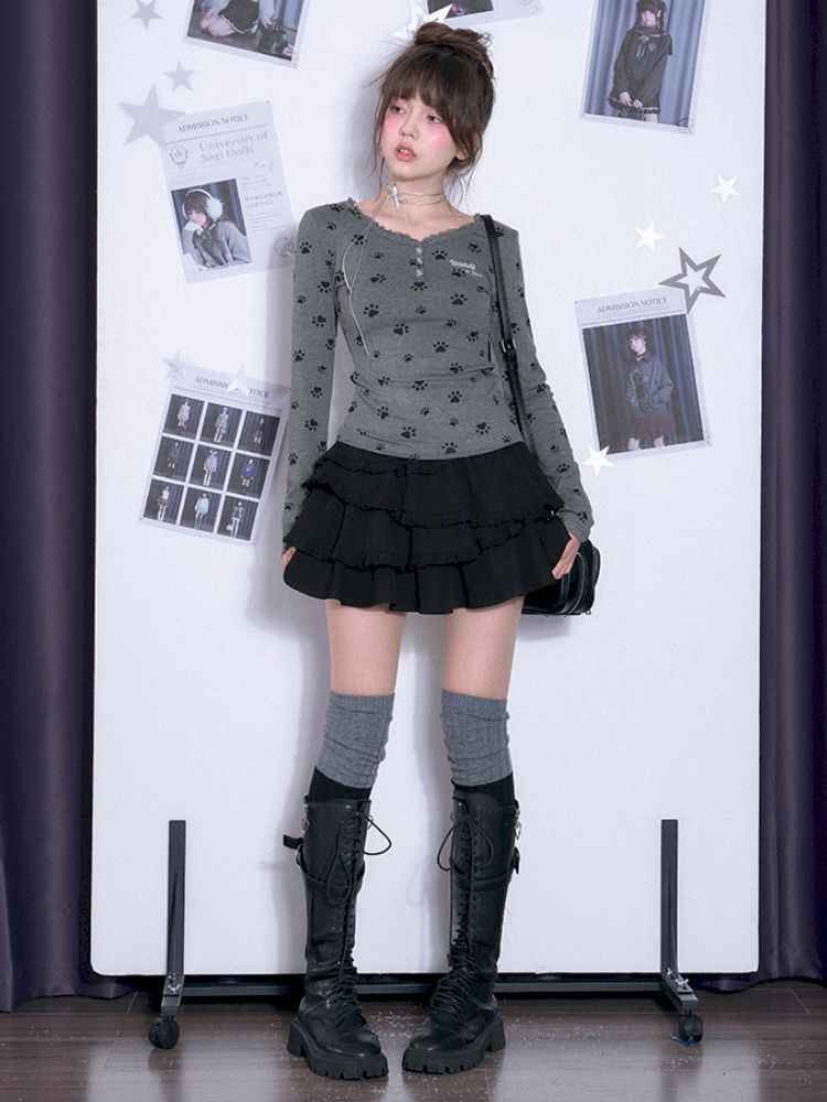 V-neck Long Sleeve Slim Printed Gray T-shirt【s0000011663】