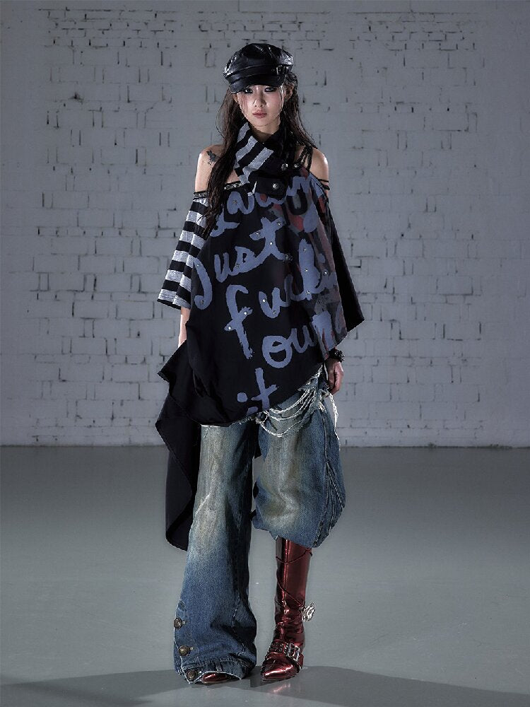 Asymmetrical Striped Webbing T-shirt【s0000015938】