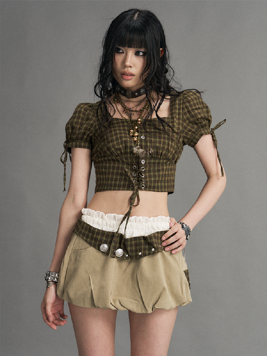Vintage Plaid Tie Square Neck Top【s0000017528】