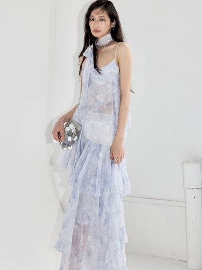 Aqua Blue Irregular Halter Dress【s0000013211】