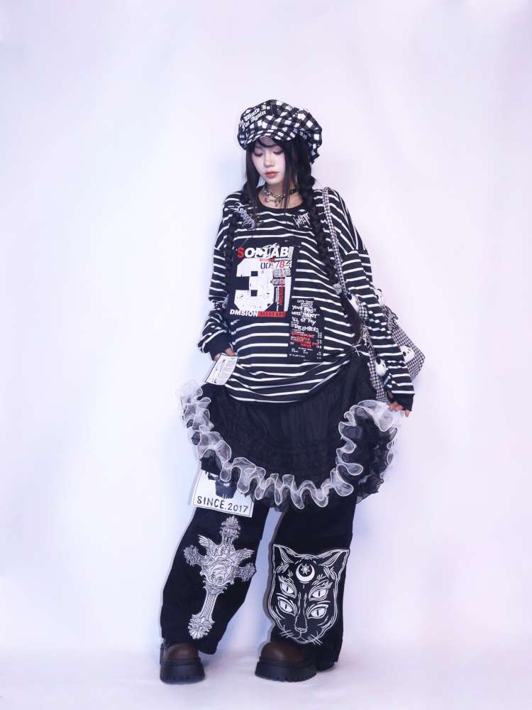 Y2K Punk Print Wide-Leg Jeans【s0000014627】