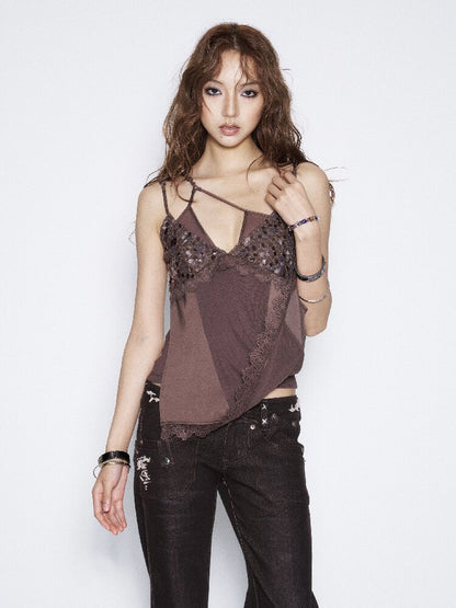 Sequin Lace Satin Suspender Top【s0000016673】