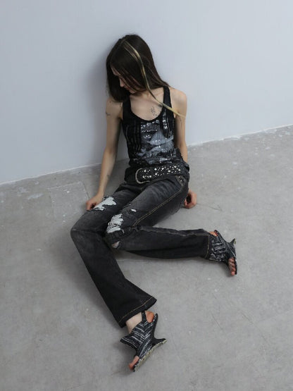 Low Waisted Black Ripped Jeans【s0000016564】