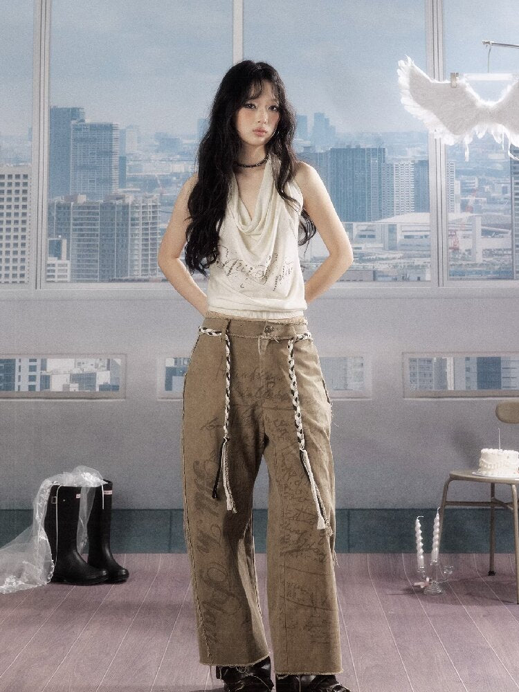 Retro Light Asian Letter Print Slacks【s0000016523】