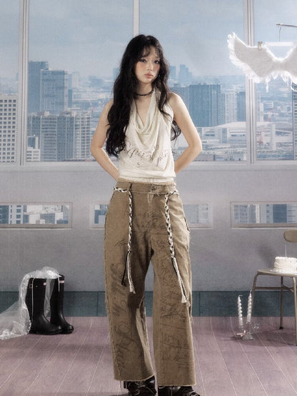 Retro Light Asian Letter Print Slacks【s0000016523】