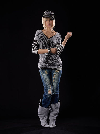 Elastic Cross Riveted Flared Jeans【s0000018512】