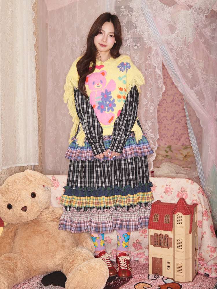 Yellow Bear Knit Shawl Tassel Hooded Cape【s0000014821】