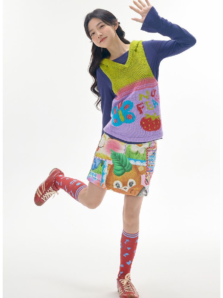 COLORFUL CHILDISH COLLAGE PRINTED HALF SKIRT [S0000010516]