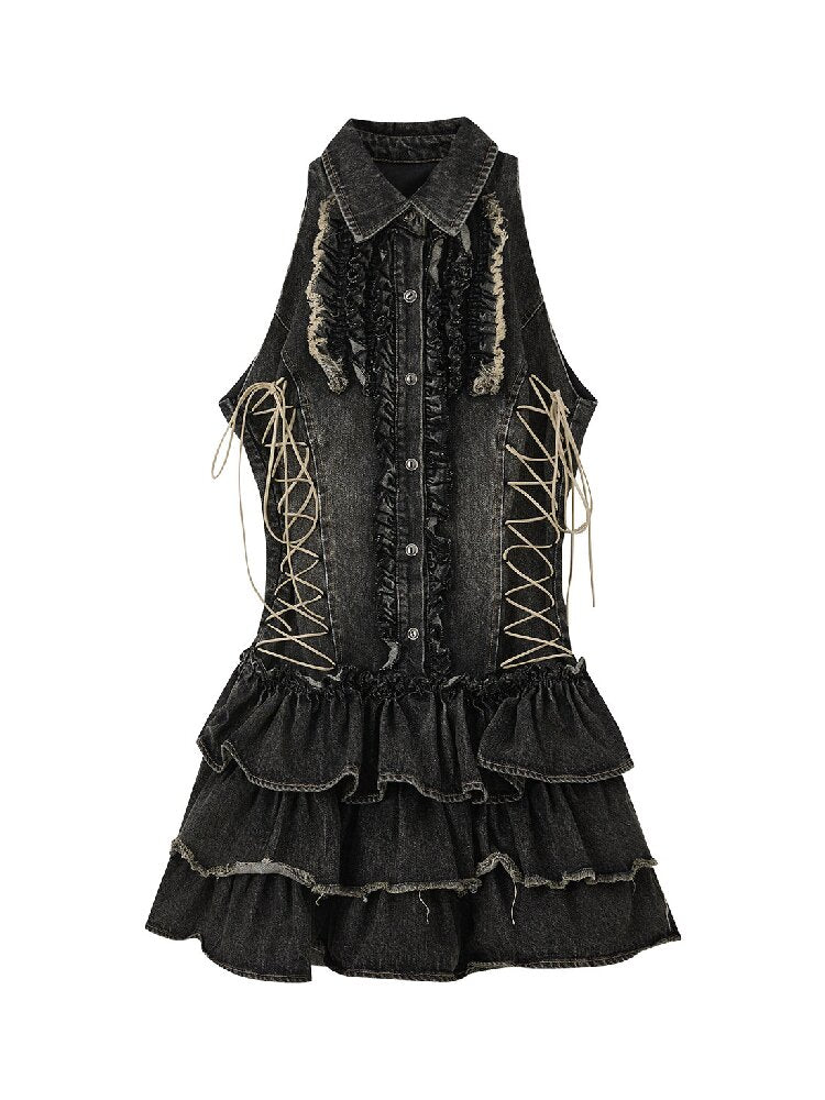 Plaid Ruffled Waist Black Dress【s0000016539】