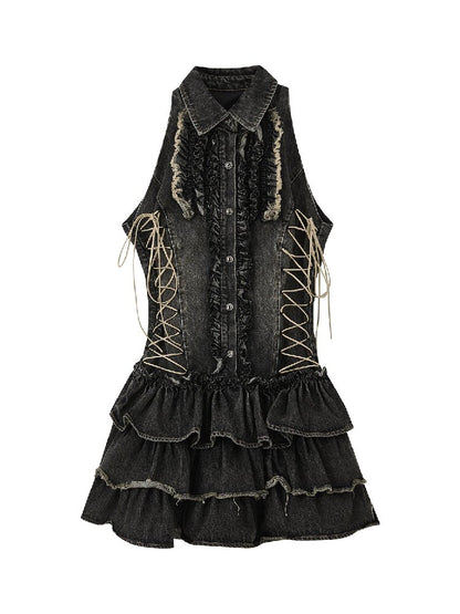 Plaid Ruffled Waist Black Dress【s0000016539】