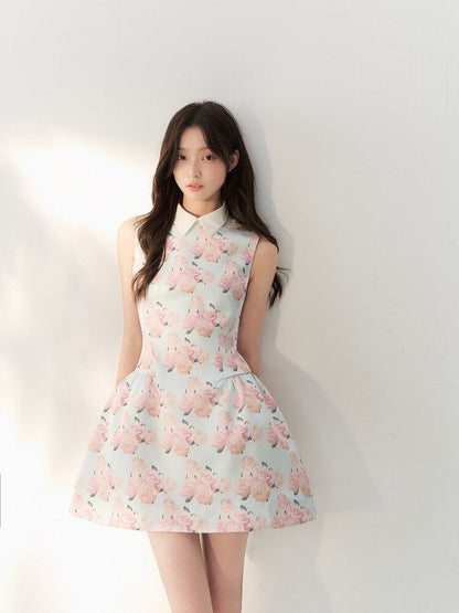 Satin Rose Print Puff Sundress【s0000016877】