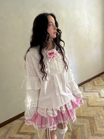 Pink checkered lace trim long-sleeved shirt【s0000012761】