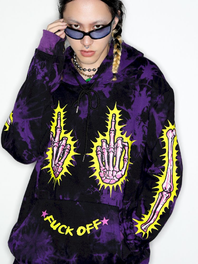 DARK PUNK MIDDLE FINGER TIE-DYE HOODED SWEATSHIRT [S0000010267]