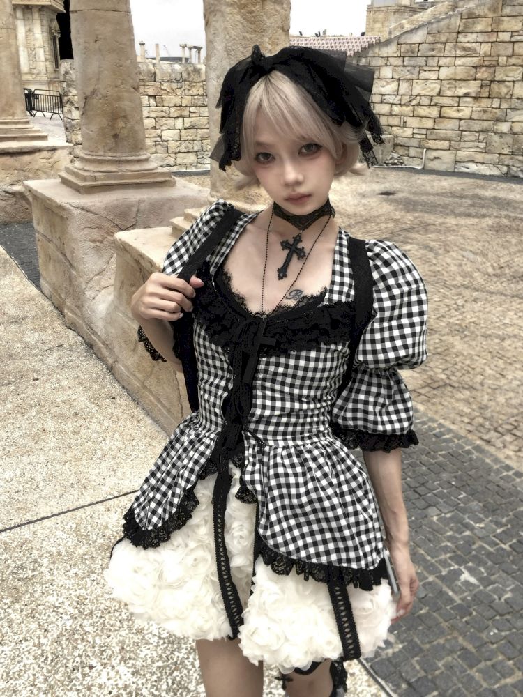 Plaid Lace Tie Bubble Sleeve Rose Set【s0000012437】
