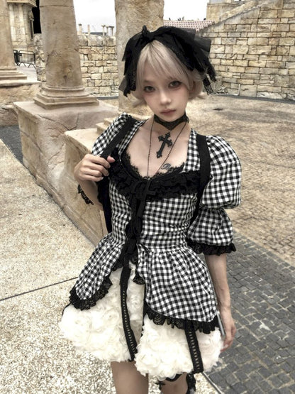 Plaid Lace Tie Bubble Sleeve Rose Set【s0000012437】