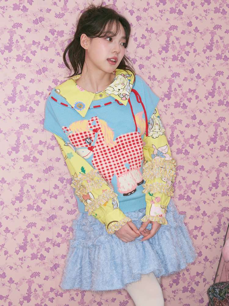 Blue Red Plaid Pony Knit Vest【s0000015023】