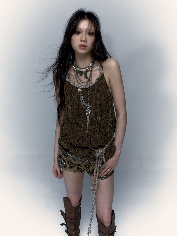 Slouchy Old Hollowed Out Loose Flocked Lace Vest [s0000008134]