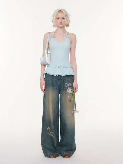 Cat Printed Straight Wide Jeans【s0000015431】