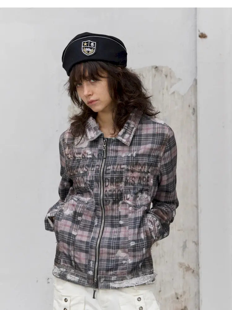 Distressed Plaid Denim Jacket【s0000014200】