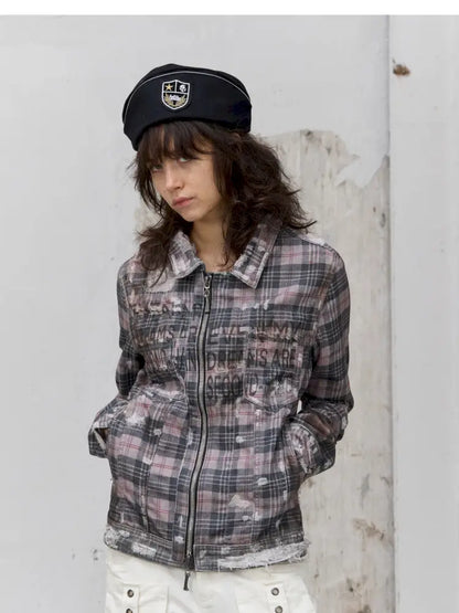 Distressed Plaid Denim Jacket【s0000014200】