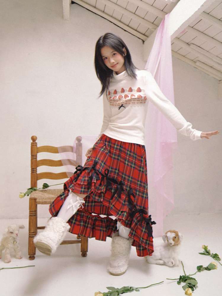 Strawberry Cake Print High-Neck T-Shirt【s0000014530】